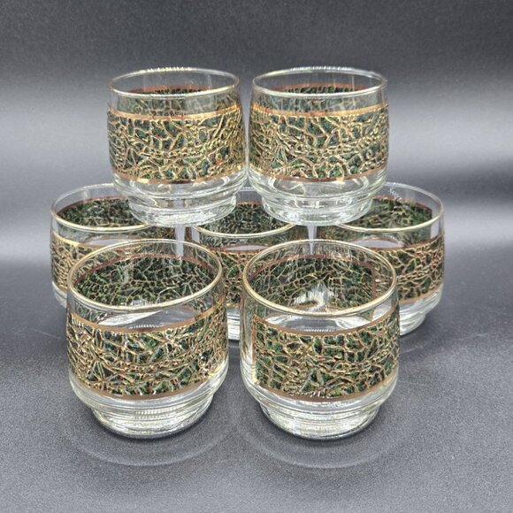 Set of 7 Culver style gold and green abstract crackle rocks glasses MCM - Picture 1 of 7